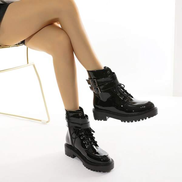 

Pin Buckle Decor Patent Combat Boots, Black