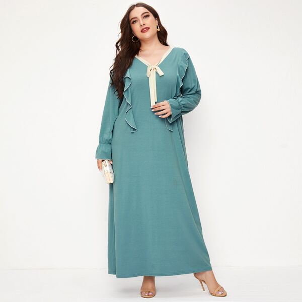 

Plus Knot Front Ruffle Trim Maxi Dress, Cadet blue