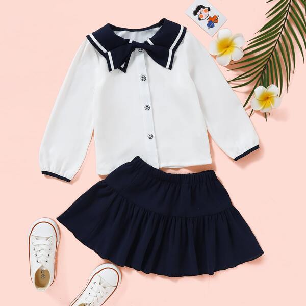 

Toddler Girls Bow Neck Blouse & Ruffle Hem Skirt, Blue and white