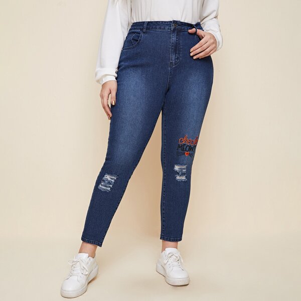 

Plus Letter Embroidery Ripped Jeans, Dark wash