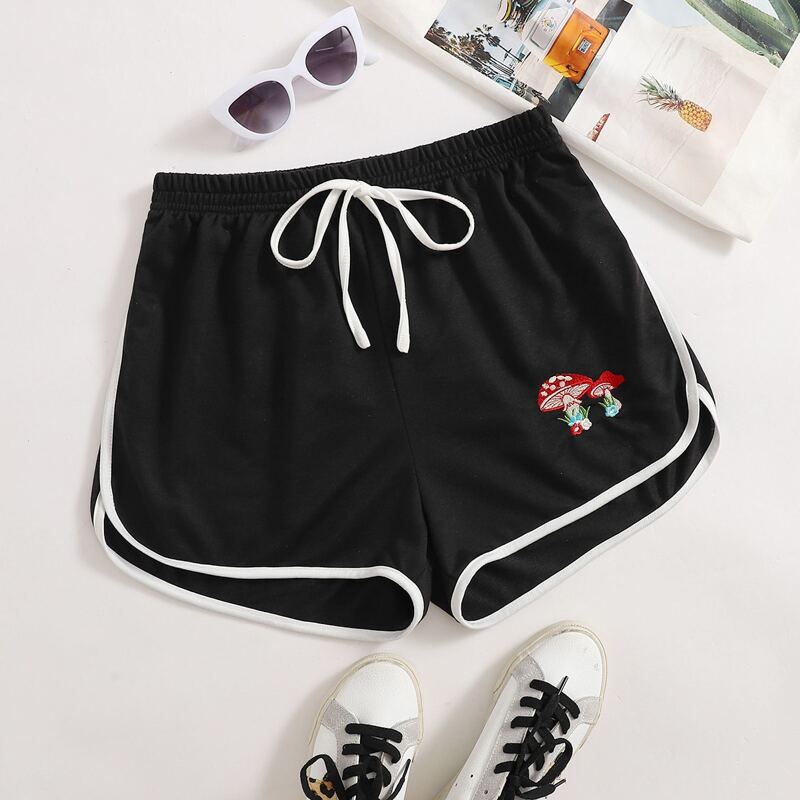 

Mushroom Embroidery Track Shorts, Black and white