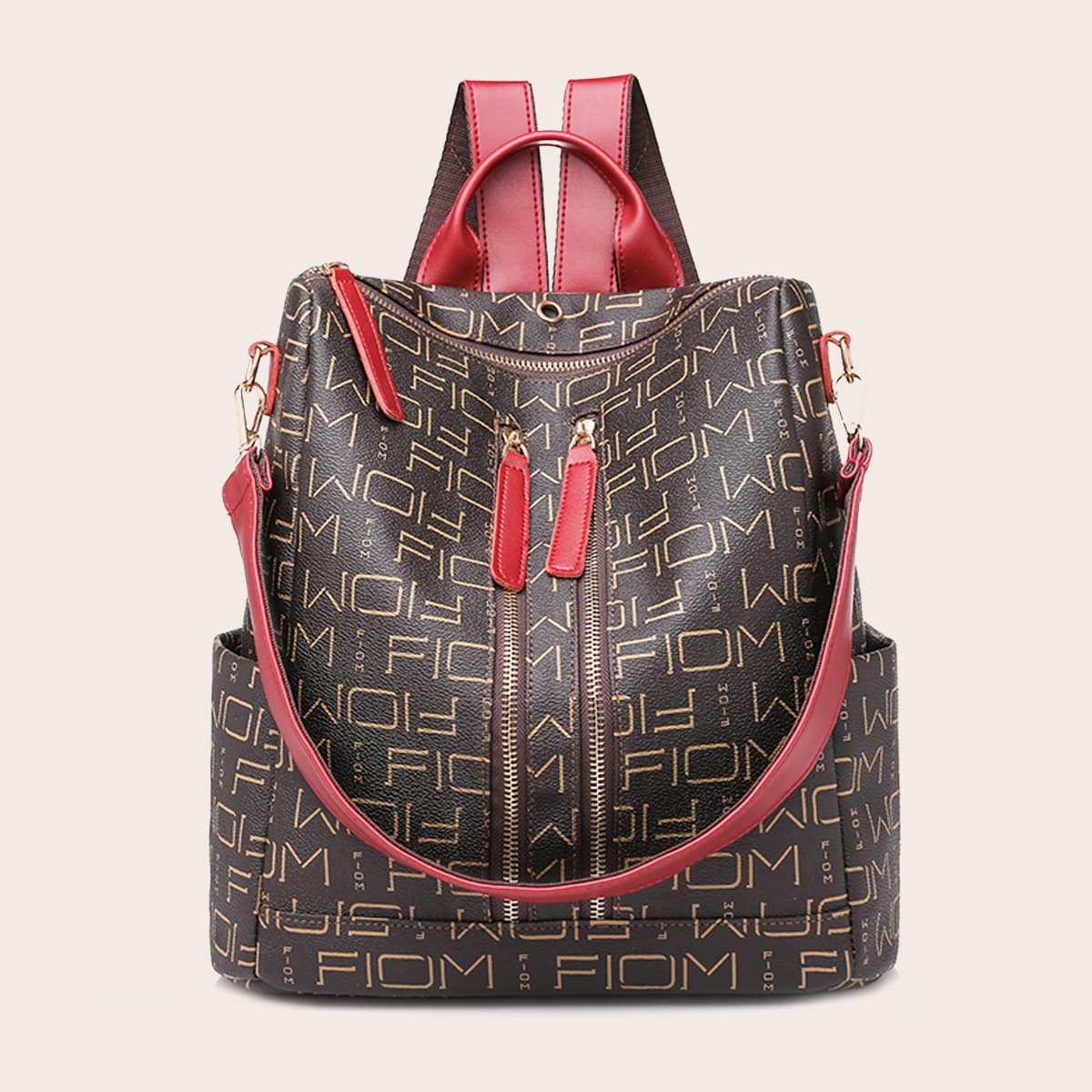 

Allover Letter Graphic Zip Front Backpack, Coffee brown