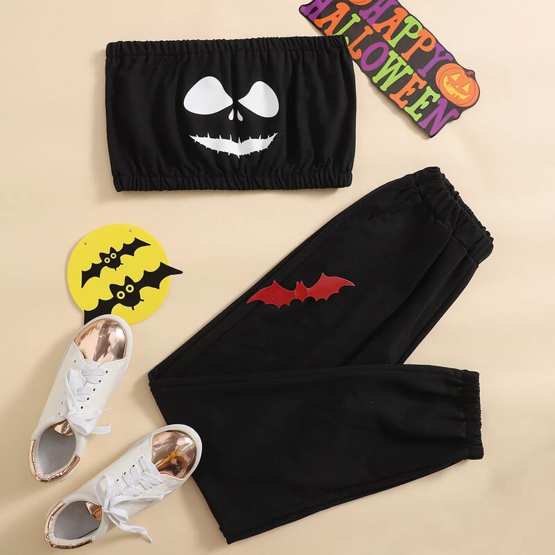 

Halloween Cartoon Graphic Tube Top & Pants, Black