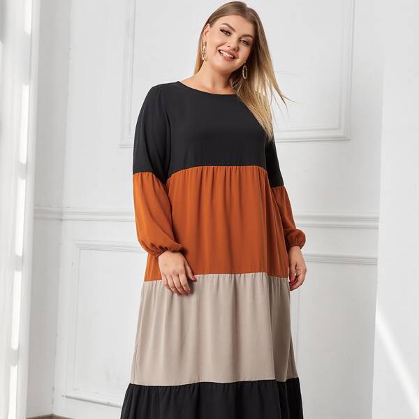 

Plus Color Block Bishop Sleeve Maxi Smock Dress, Multicolor