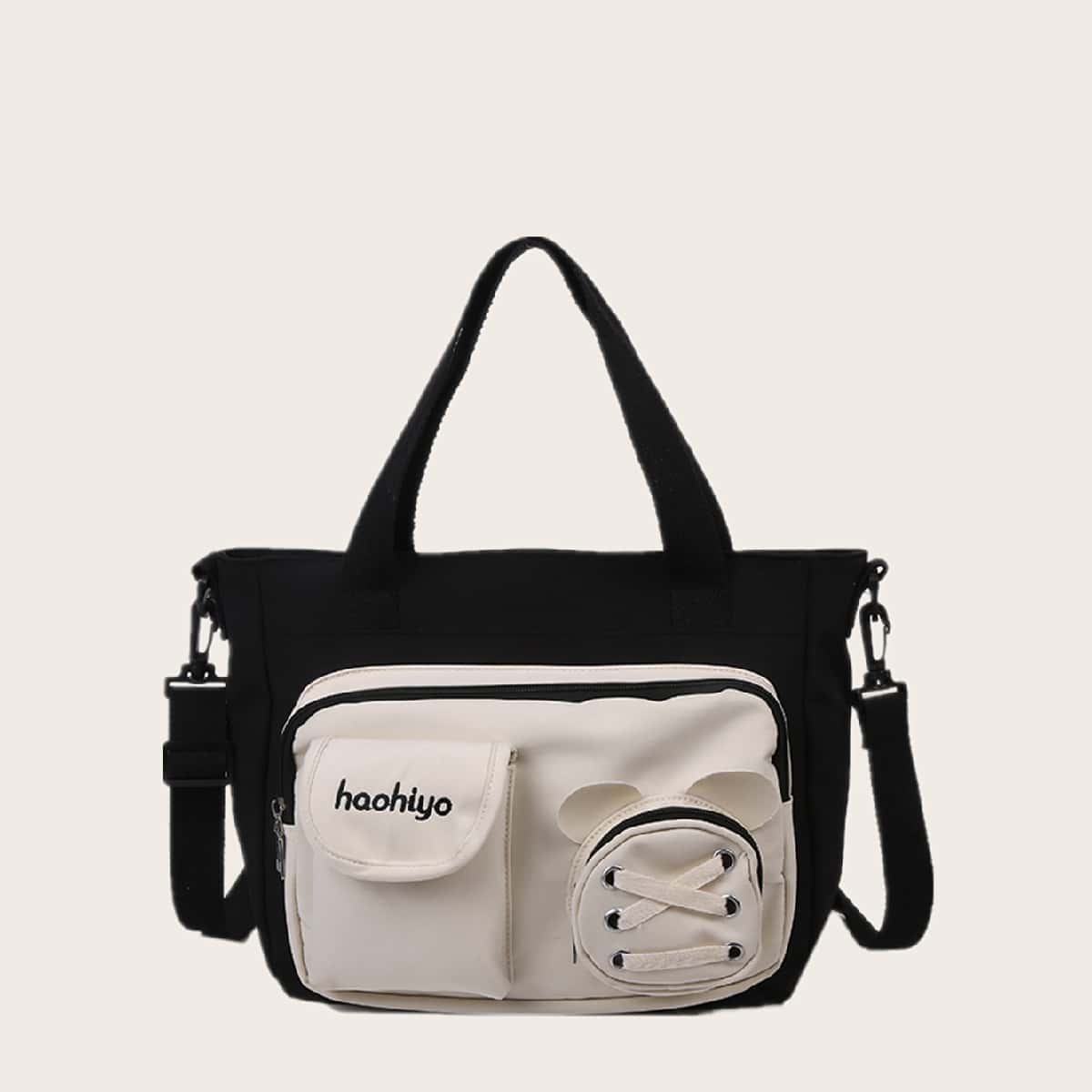 

Pocket Front Two Tone Canvas Satchel Bag, Black and white