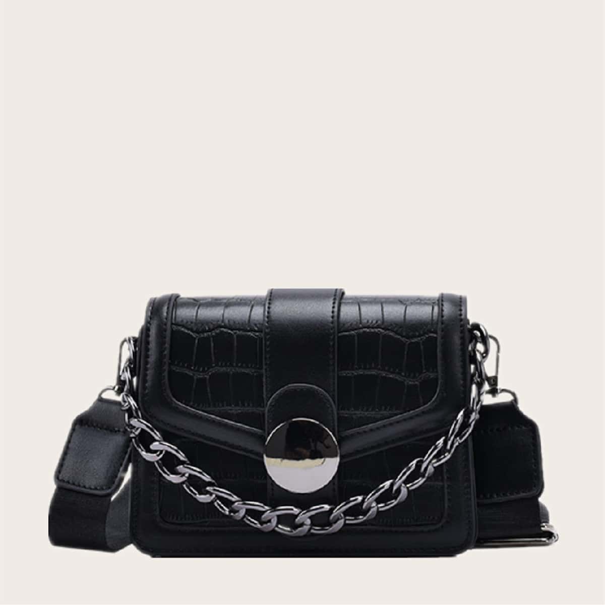 

Croc Embossed Chain Handle Satchel Bag, Black