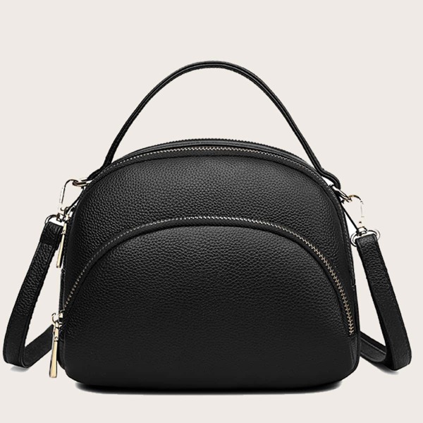 

Pocket Front Top Handle Satchel Bag, Black