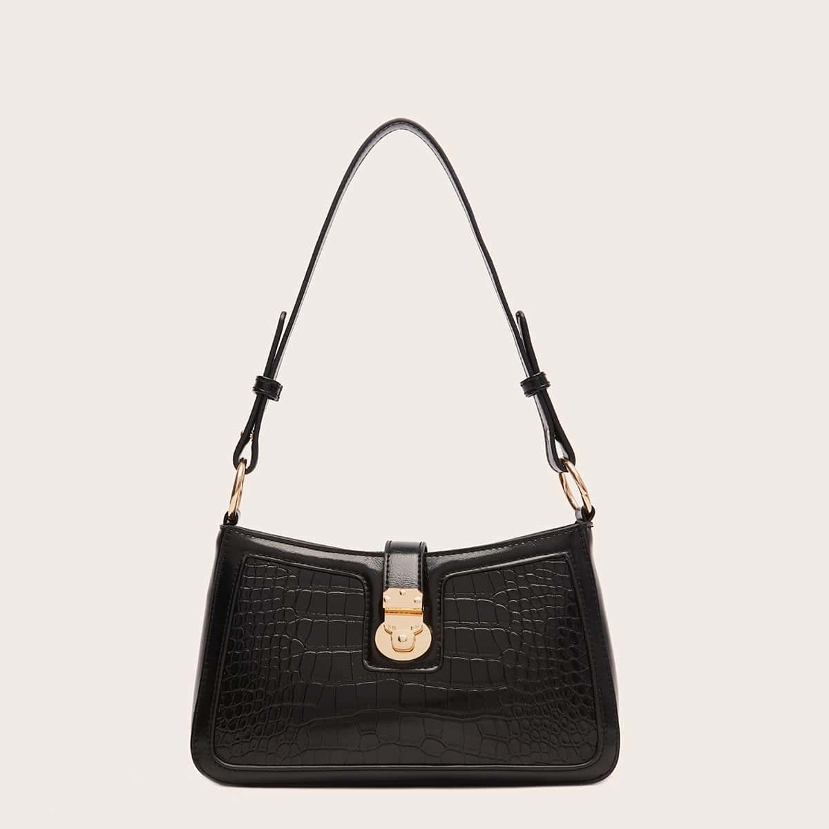 

Croc Embossed Baguette Bag, Black