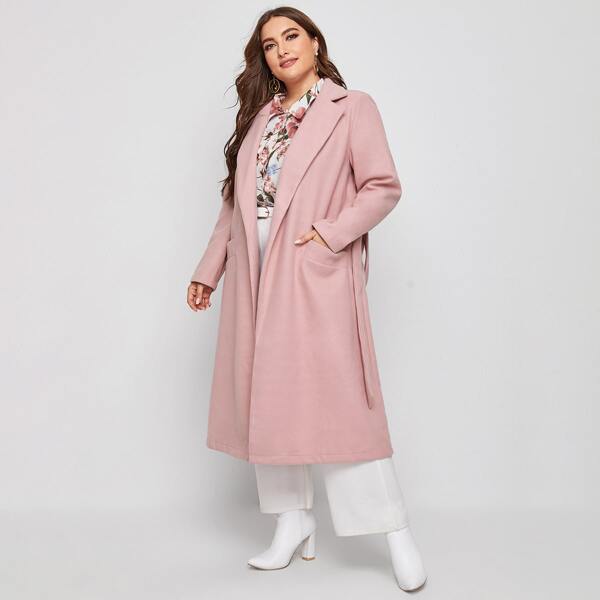 

Plus Lapel Collar Open Front Belted Overcoat, Dusty pink
