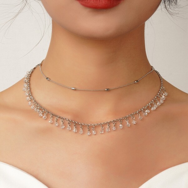 

2pcs Crystal Tassel Charm Necklace, Silver