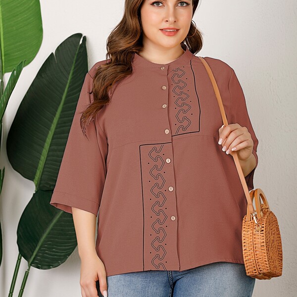 

Plus Graphic Print Button Up Blouse, Redwood