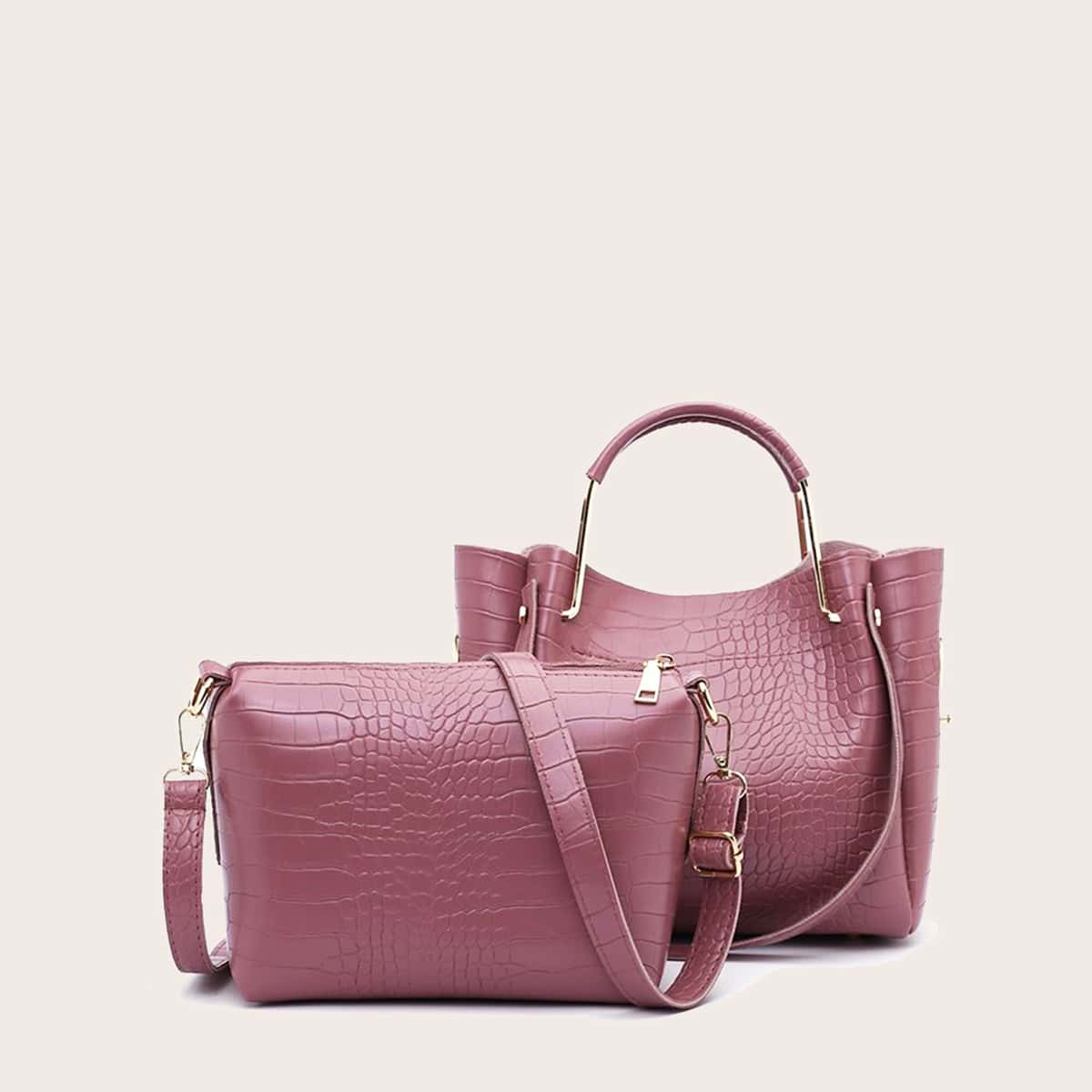 

Croc Embossed Tote Bag With Crossbody Bag, Pink