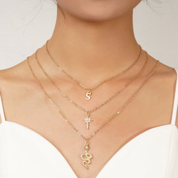 

3pcs Serpentine & Star Charm Necklace, Gold
