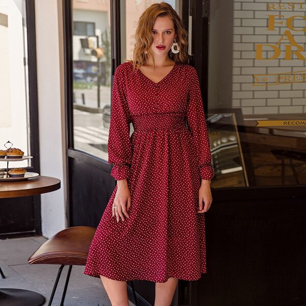 

Shirred Waist Polka-dot Print Dress, Burgundy