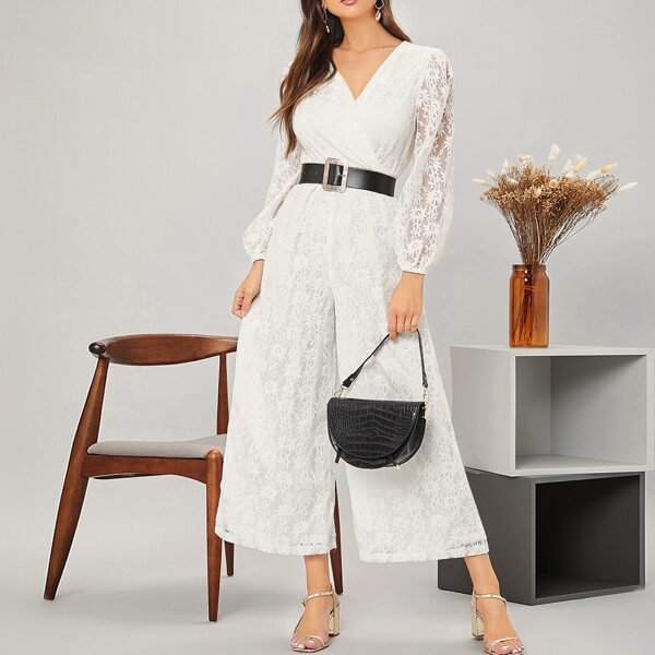 

Surplice Neck Lantern Sleeve Lace Jumpsuit Without Belt, Beige
