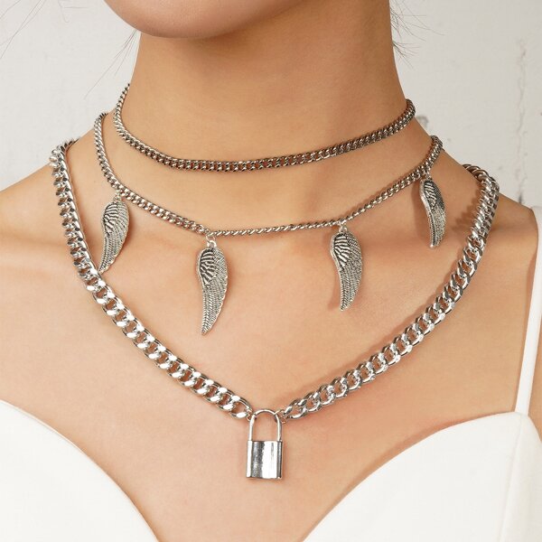 

3pcs Lock Charm Necklace, Silver