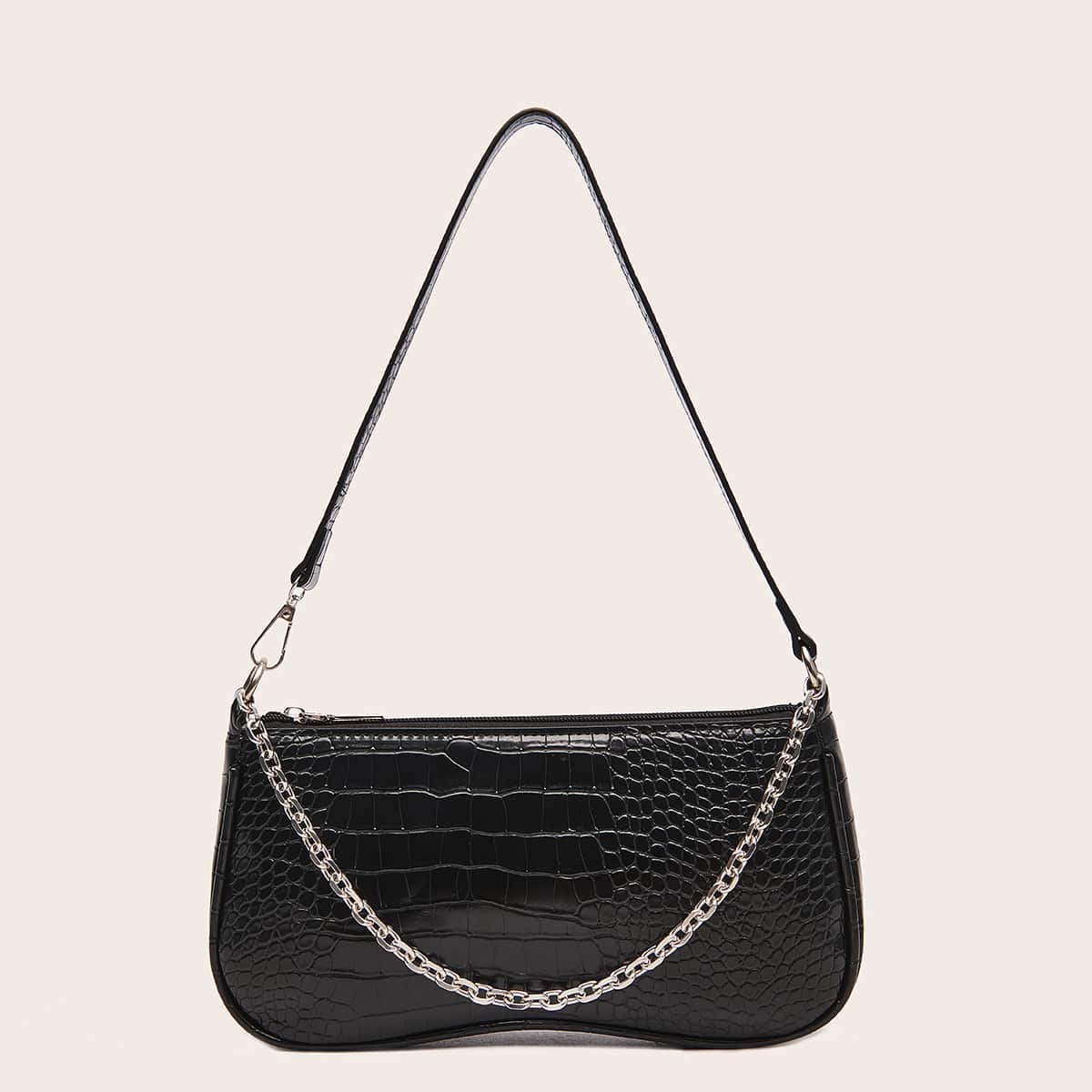 

Croc Embossed Chain Baguette Bag, Black