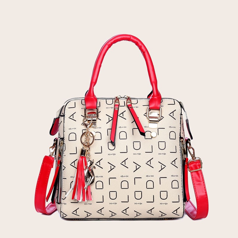 

Tassel Decor Letter Graphic Tote Bag, Beige