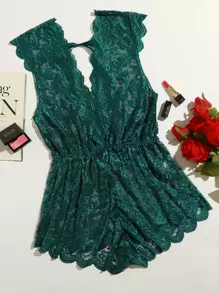 Plus Floral Lace Scallop Trim Romper Bodysuit - Dark Green - View 1