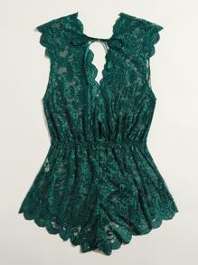 Plus Floral Lace Scallop Trim Romper Bodysuit - Dark Green - View 2