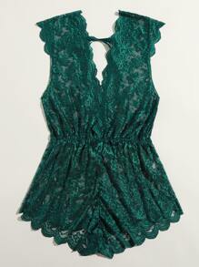 Plus Floral Lace Scallop Trim Romper Bodysuit - Dark Green - View 3