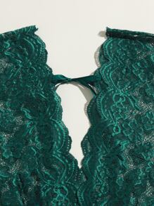Plus Floral Lace Scallop Trim Romper Bodysuit - Dark Green - View 4