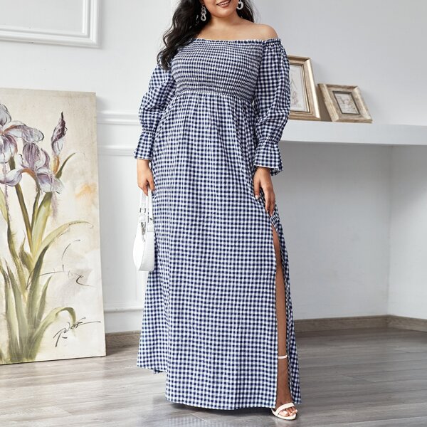 

Plus Off Shoulder Flounce Sleeve Shirred Bodice Split Thigh Gingham Dress, Blue and white