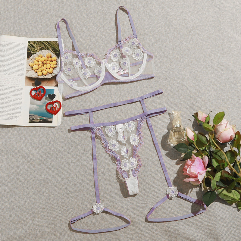 

Floral Embroidered Mesh Garter Underwire Lingerie Set, Pastel lilac purple