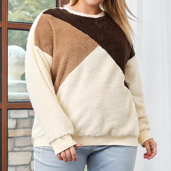 

Plus Color Block Drop Shoulder Teddy Sweatshirt, Multicolor