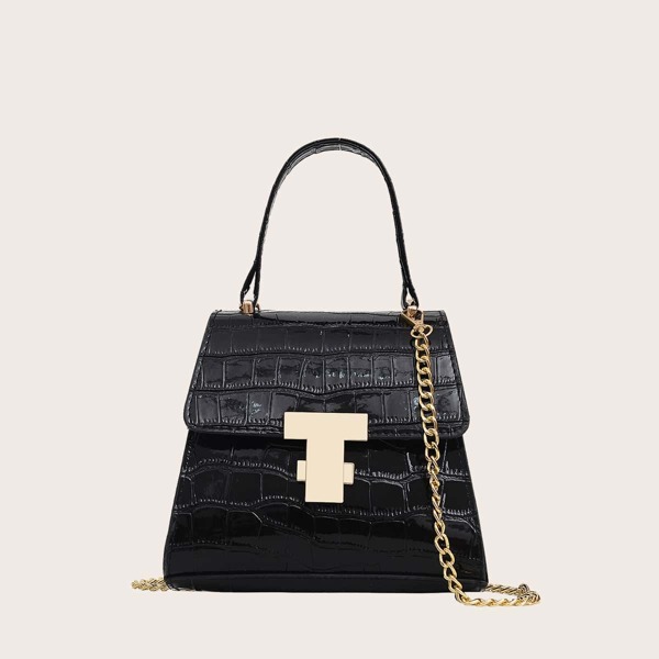 

Girls Croc Embossed Flap Satchel Bag, Black