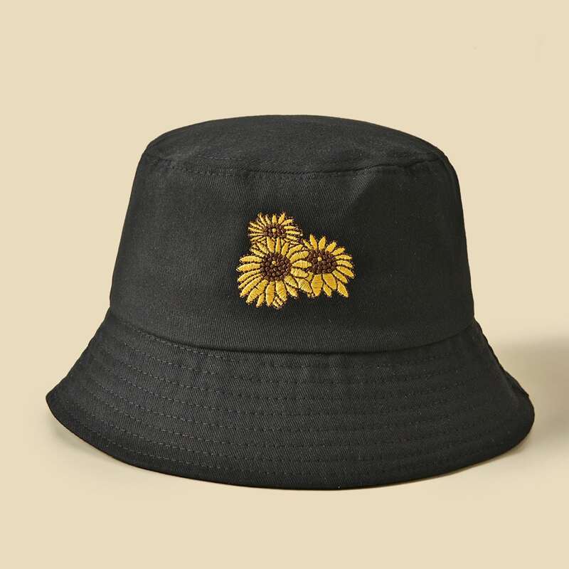 Flower Embroidery Bucket Hat, Black