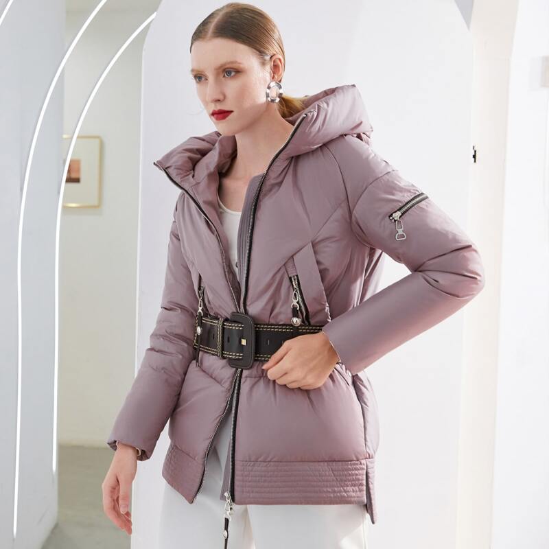 

Zip Up Hooded Puffer Coat Without Belt, Mauve purple