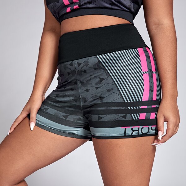 

Plus Striped And Letter Graphic Biker Shorts, Multicolor