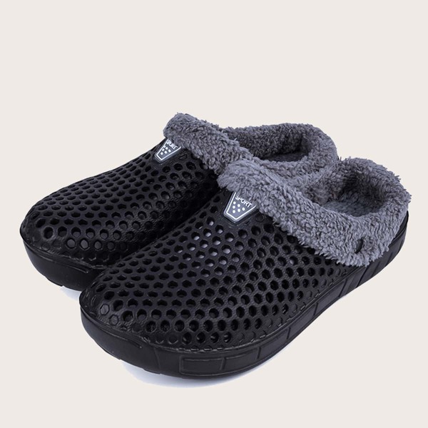 

Hollow Out Plush Lined Slippers, Black