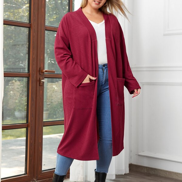 

Plus Drop Shoulder Open Front Coat, Rose red