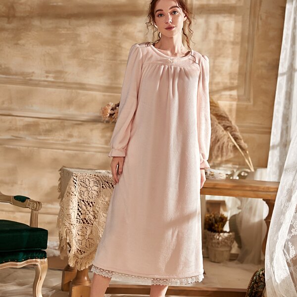 

Contrast Lace Bow Detail Flannel Night Dress, Baby pink