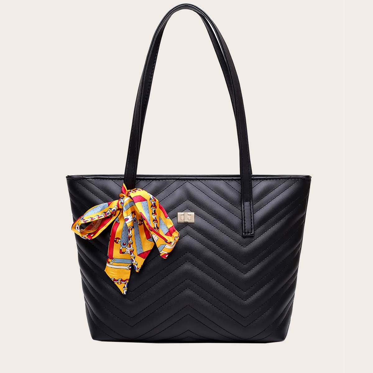 

Twilly Scarf Decor Chevron Tote Bag, Black