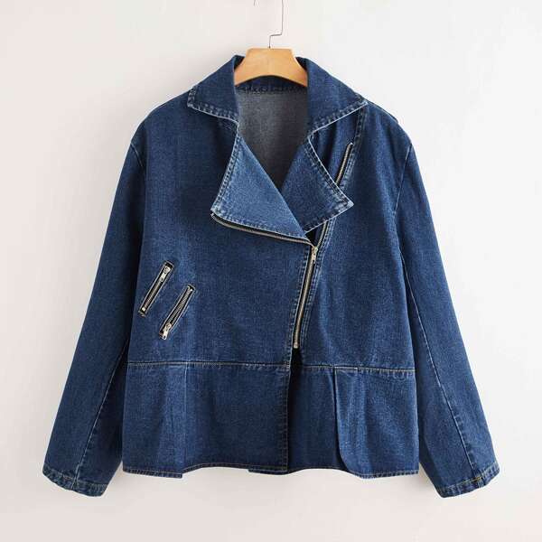 

Plus Notched Collar Zip Up Denim Jacket, Dark wash