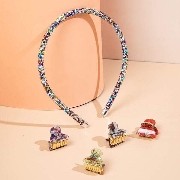 

Rhinestone Decor Hair Hoop With 4pcs Hair Claw, Multicolor