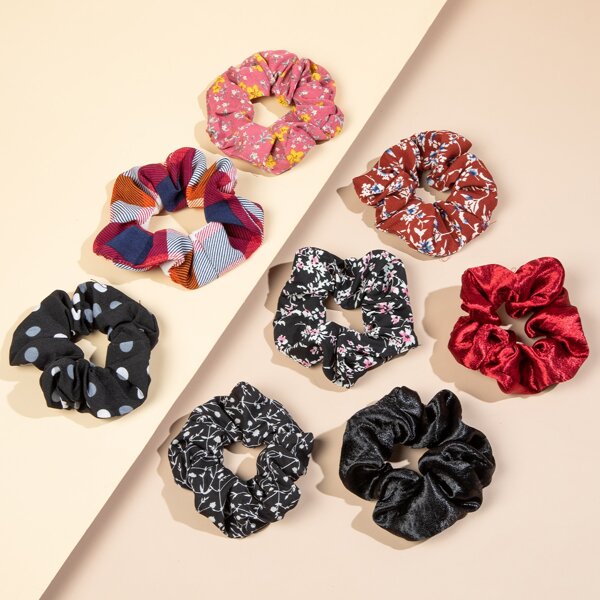 

8pcs Polka Dot & Ditsy Floral Pattern Scrunchie, Multicolor