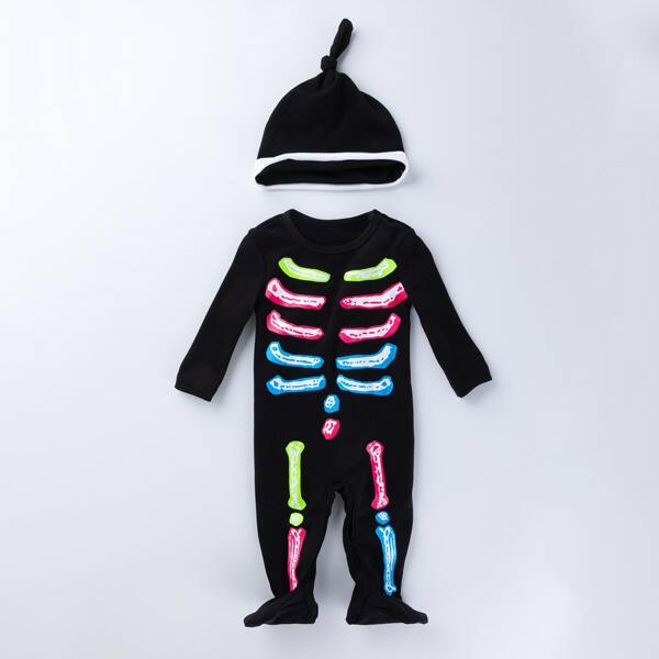 

Baby Unisex Skeleton Print Footed Jumpsuit & Hat, Black