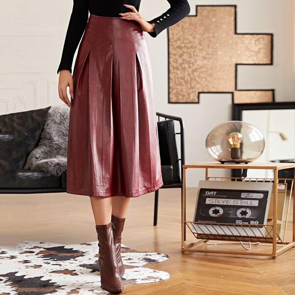 

Fold Pleated Detail PU Leather Skirt, Maroon