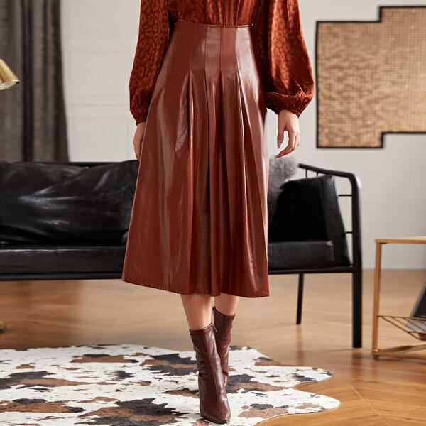 

Fold Pleated Detail PU Leather Skirt, Rust brown