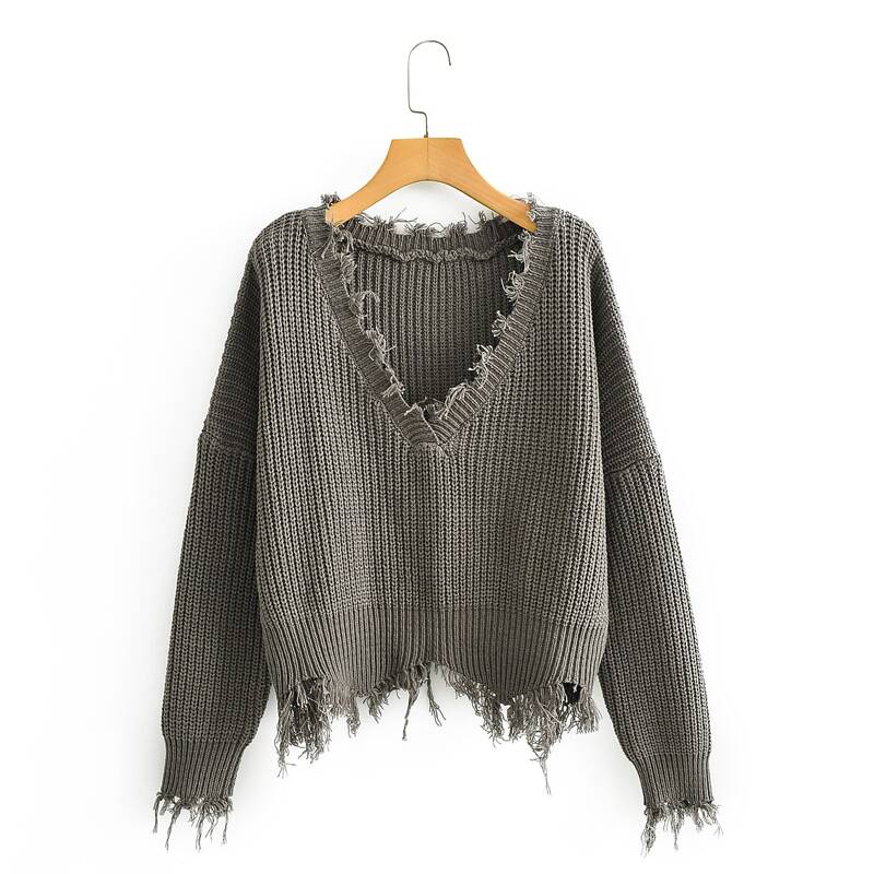 

Drop Shoulder Frayed Hem Oversized Sweater, Grey