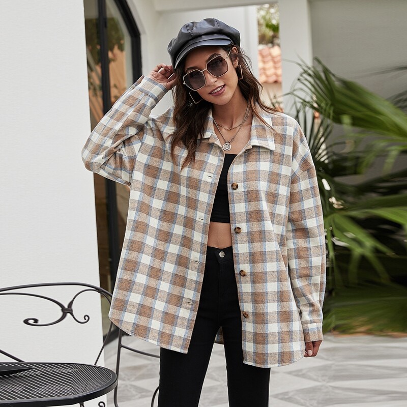 

Plaid Drop Shoulder Button Up Coat, Multicolor