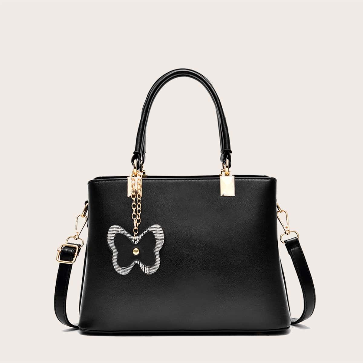 

Butterfly Decor Satchel Bag, Black