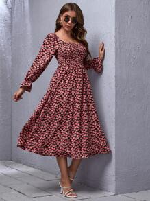 SHEIN Clasi Flounce Sleeve Shirred Floral Print Dress - Multicolor - View 1