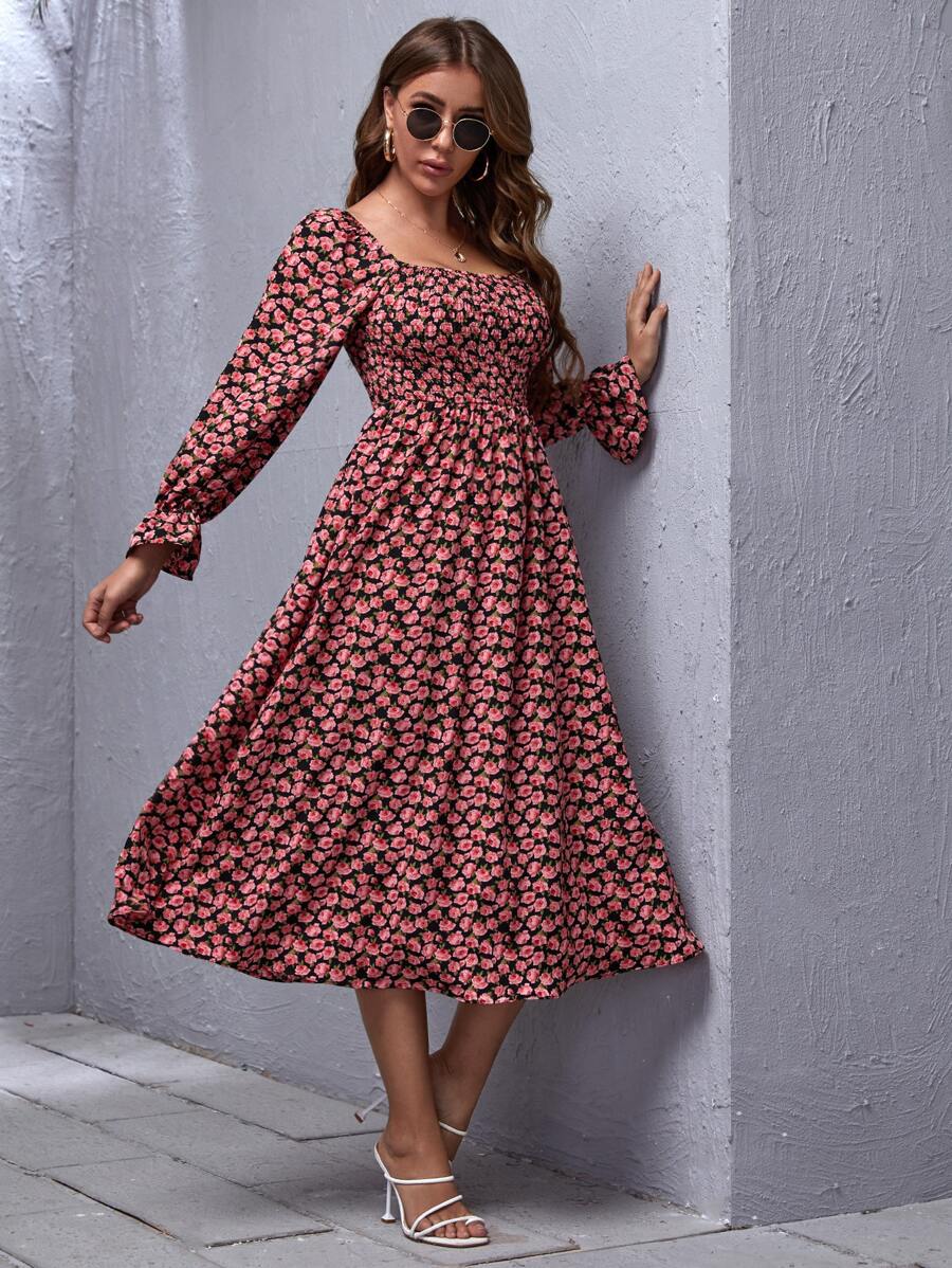 SHEIN Clasi Flounce Sleeve Shirred Floral Print Dress - Multicolor - View 1
