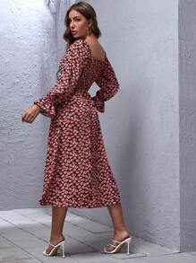 SHEIN Clasi Flounce Sleeve Shirred Floral Print Dress - Multicolor - View 2