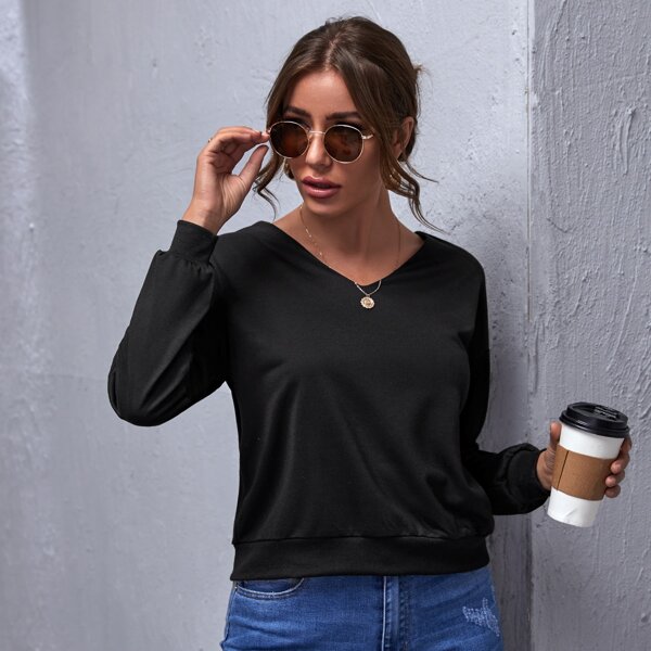 

Drop Shoulder Lace Up Back Pullover, Black